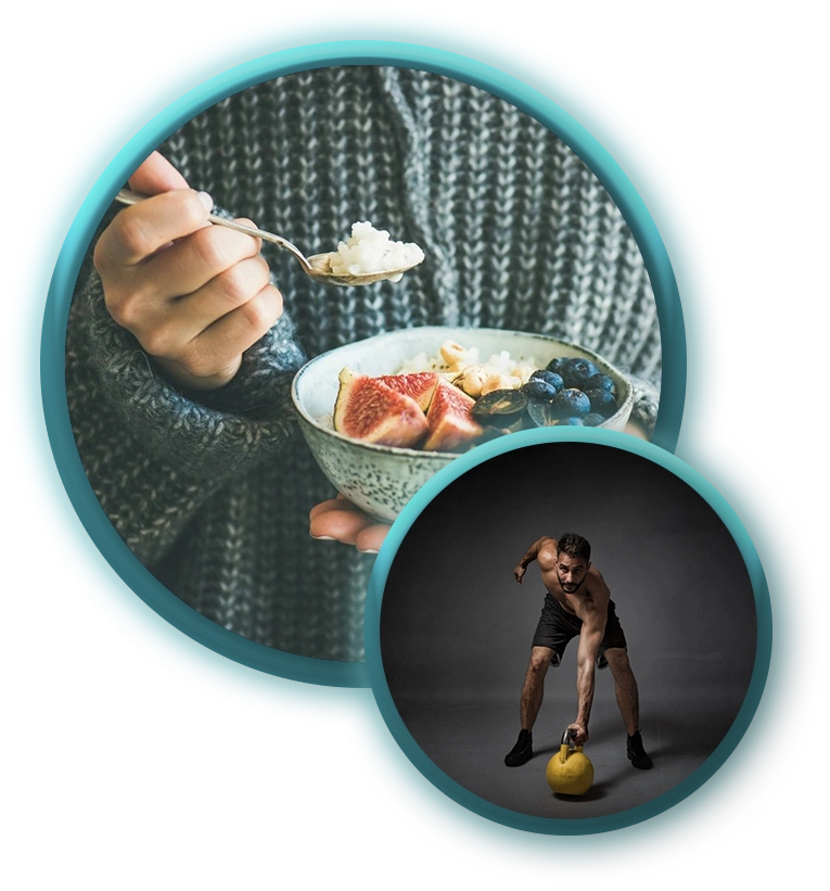 A person is eating food and kicking a ball.